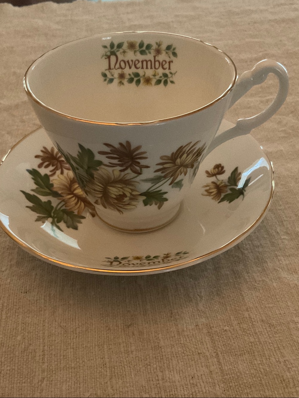 November Floral Teacup and Saucer, Royal Stuart - White with Gold Trim